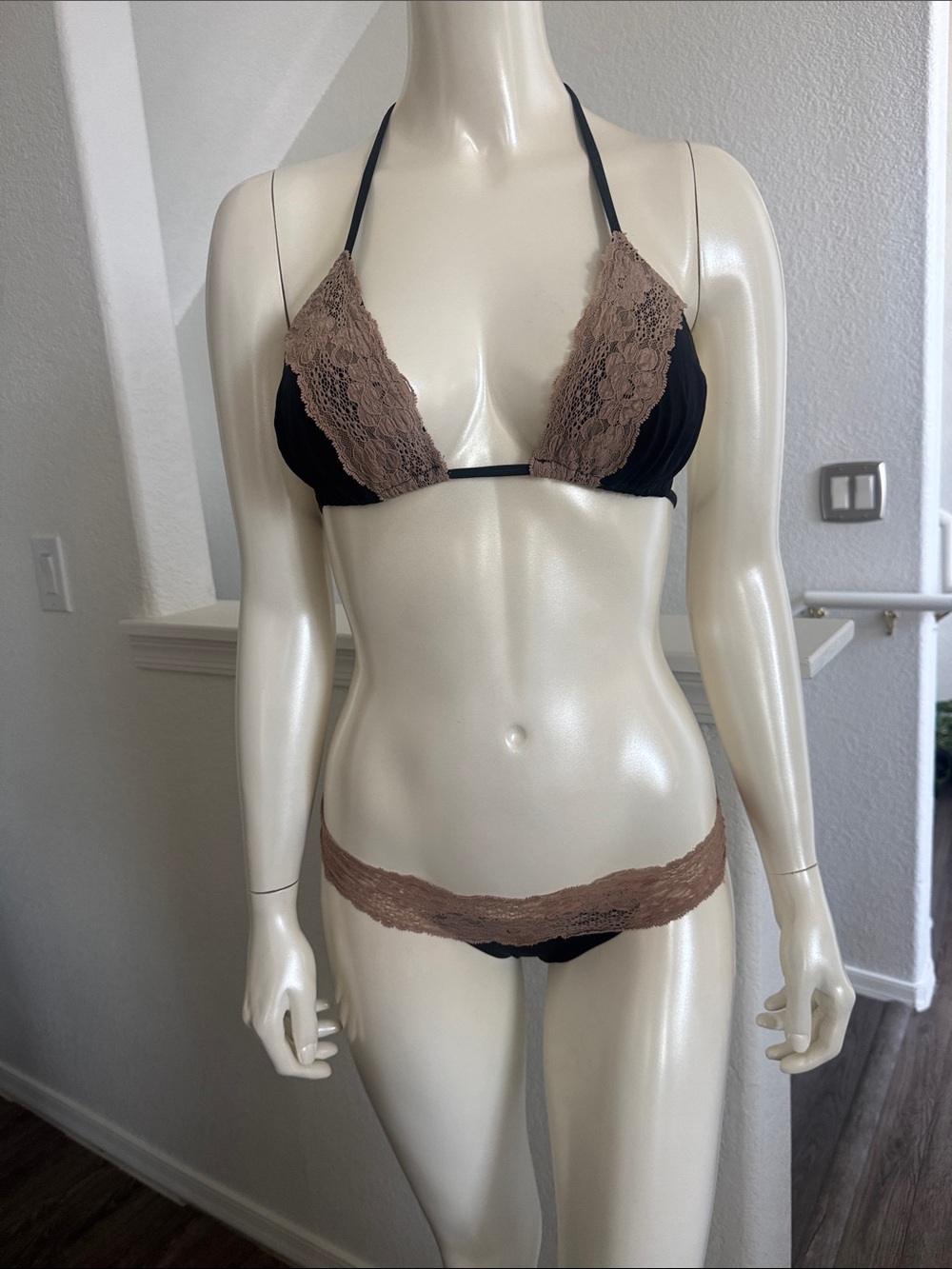 Beach Bunny Black Bikini Set with Taupe Lace Trim